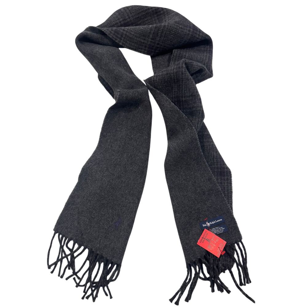 POLO RALPH LAUREN Scarf Made in Italy Lambswool Nylon Charcoal Plaid Herringbone
